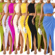 EVE Press Pleated Halterneck Top Split Long Skirt Suit HNIF-YM063