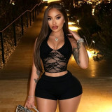 EVE Sexy U Neck Lace See Through Two Piece Shorts Set MXBF-J26ST192