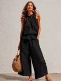 EVE Solid Color Sleeveless Two Piece Pants Set GRNH-28896