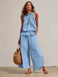 EVE Solid Color Sleeveless Two Piece Pants Set GRNH-28896