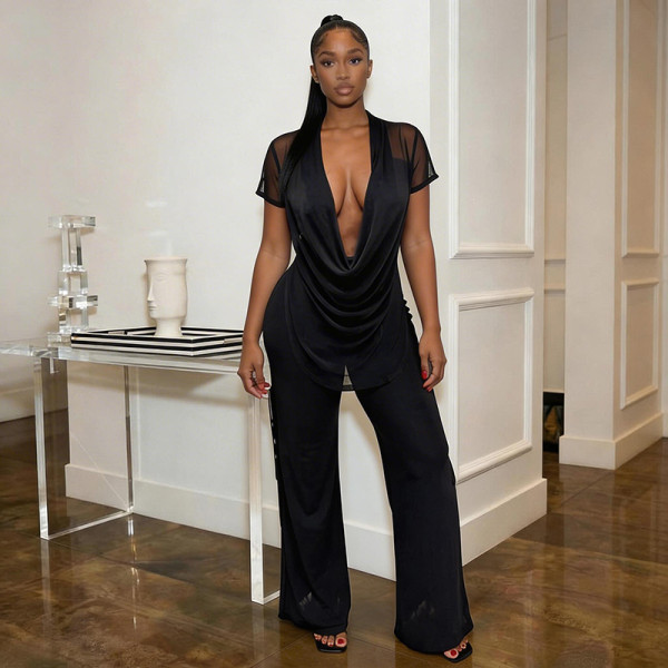 EVE Mesh Deep V Neck Tops Two Piece Pants Set MXBF-J26ST144