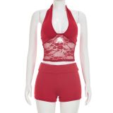 EVE Sexy U Neck Lace See Through Two Piece Shorts Set MXBF-J26ST192