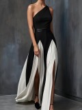 EVE Single Shoulder Contrast Color Split Maxi Dress GWDS-260404