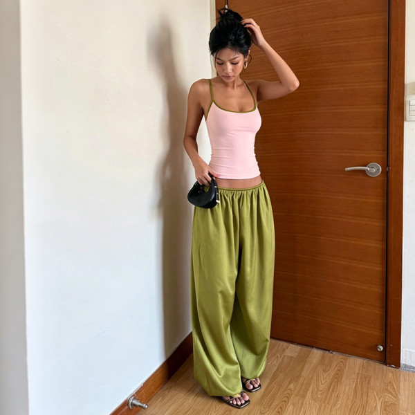 EVE Solid Color Sling Tank Top Loose Pants 2 Piece Set GZJQ-K6S09873A