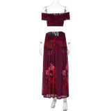 EVE Sexy Print Off Shoulder Top Long Skirts 2 Piece Set LJSF-S6421484X