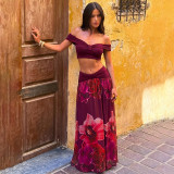 EVE Sexy Print Off Shoulder Top Long Skirts 2 Piece Set LJSF-S6421484X