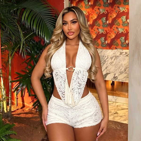 EVE Lace Backless Halterneck Two Piece Shorts Set GDSF-J26ST162