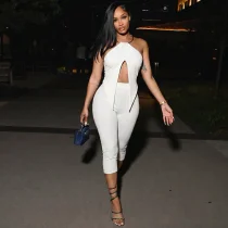 EVE Metal-ring Halterneck Tops Seventh Pant Suit GDSF-J26ST179