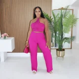 EVE Solid Color Halterneck Two Piece Pants Set CYA-902385