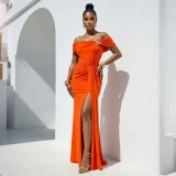 EVE One Shoulder Solid Color Split Maxi Dress CYA-902371