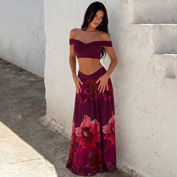 EVE Sexy Print Off Shoulder Top Long Skirts 2 Piece Set LJSF-S6421484X