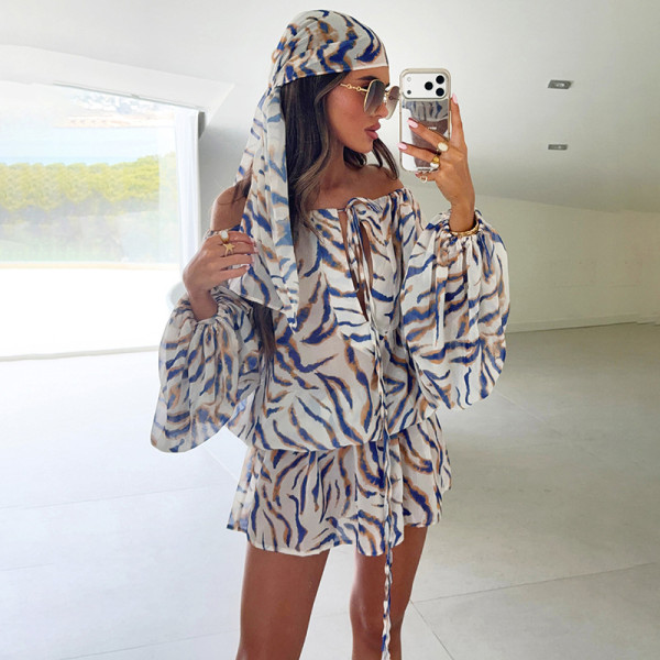 EVE Stripe Print Mesh Loose Mini Dress(With Headscarf)GSZM-D26DS161