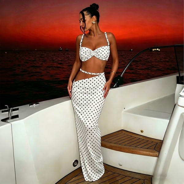 EVE Polka Dots Print Backless Two Piece Skirts Set GYME-K6S07913A