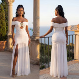 EVE Off Shoulder Solid Color High Split Maxi Dress GFYX-7661