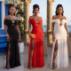 EVE Off Shoulder Solid Color High Split Maxi Dress GFYX-7661