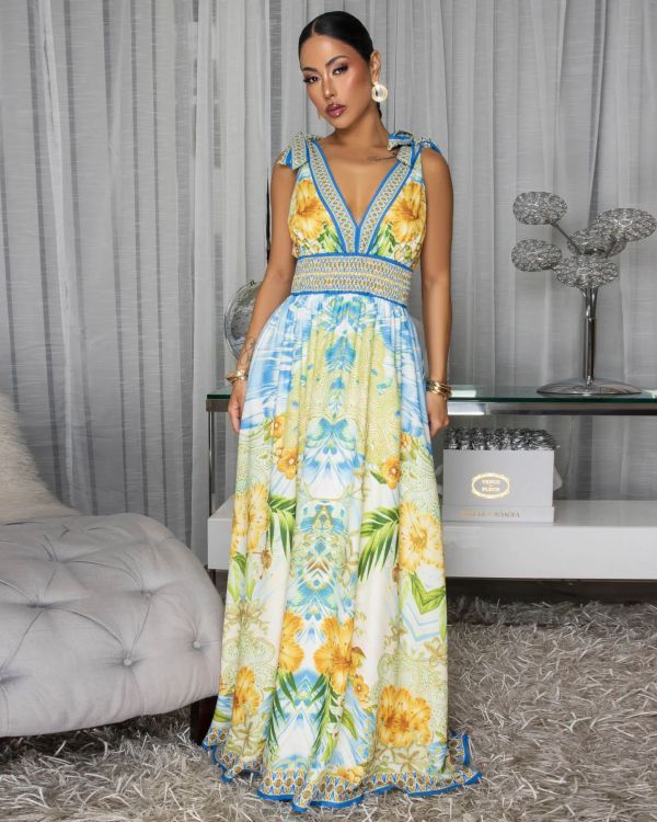 EVE Colorful Print Deep V Neck Maxi Dress XHXF-487