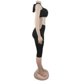 EVE Solid Color Tie Up Two Piece Pants Set GFYX-7673