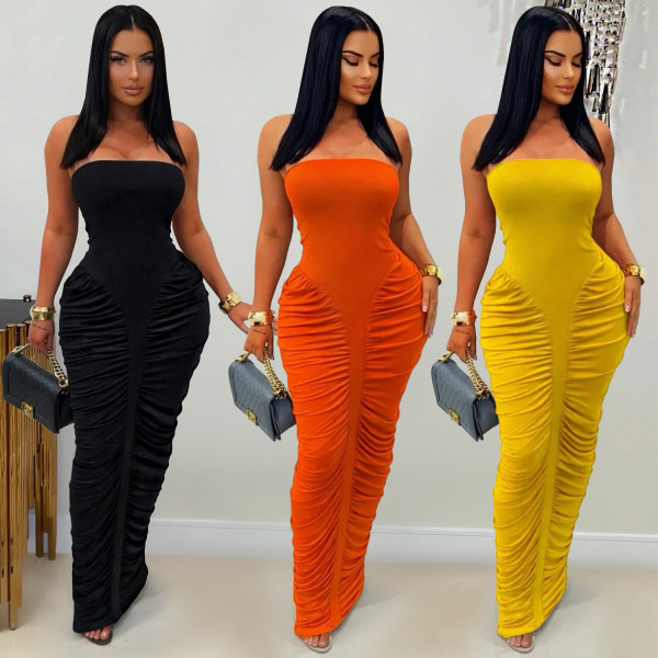 EVE Solid Color Ruched Tube Top Maxi Dress GFYX-7669