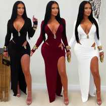 EVE Sexy V Neck Solid Color Split Maxi Dress GFYX-7631