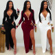 EVE Sexy V Neck Solid Color Split Maxi Dress GFYX-7631