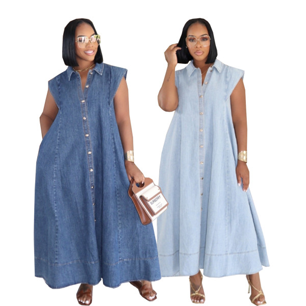 EVE Single Breasted Lapel Denim Loose Maxi Dress SFY-875