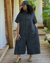 EVE Short Sleeve Single Breated Button Denim Jumpsuit GAKF-60211