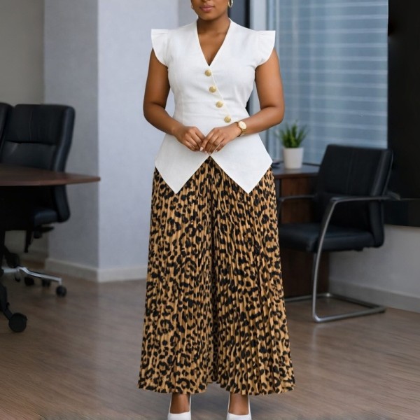 EVE Plus Size Solid Color V Neck Tops Print Pants 2 Piece Set GATE-632
