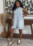 EVE Plus Size Loose Lapel Sleeveless Denim Romper GAKF-60601