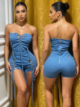 EVE Sexy Wrap Chest Tie Up Denim Romper GAKF-60304