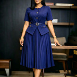 EVE Plus Size Solid Color Patchwork Press Pleated Midi Dress GATE-633