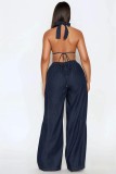EVE Denim Washed Halterneck Backless Jumpsuit LX-6078