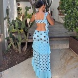 EVE Polka Dots Print Sling Vest Ruffles Long Skirt Suit XEF-K6S09228A