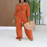 EVE Solid Color Drawstring Top Wide Leg Pant Suit AIL-351