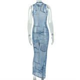 EVE O Neck Sleeveless Print Maxi Dress GJYO-JD305366