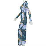 EVE Long Sleeve Hollow Out Print Maxi Dress GJYO-JD305385