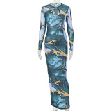 EVE Long Sleeve Hollow Out Print Maxi Dress GJYO-JD305385