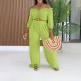 EVE Solid Color Drawstring Top Wide Leg Pant Suit AIL-351