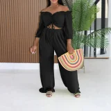 EVE Solid Color Drawstring Top Wide Leg Pant Suit AIL-351