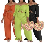 EVE Solid Color Drawstring Top Wide Leg Pant Suit AIL-351