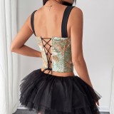 EVE Print Tie Up Fishbone Sling Tank Tops GPBY-VE729