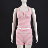 EVE Stripe Contrast Color Halterneck Two Piece Shorts Set GYHF-041656SBG