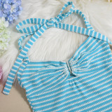 EVE Stripe Contrast Color Halterneck Two Piece Shorts Set GYHF-041656SBG