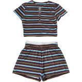 EVE Stripe Lapel Short Sleeve Two Piece Shorts Set GZJQ-K6S09133A