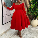 EVE Plus Size Solid Color Square Neck Midi Dress GMLF-3354