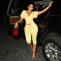 EVE Deep V Neck Ruched Top Two Piece Pants Set MXBF-J26ST224