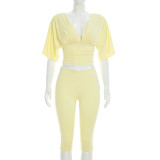 EVE Deep V Neck Ruched Top Two Piece Pants Set MXBF-J26ST224