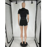 VIP1 Print Zipper Hooded Sport Two Piece Shorts Set FOSF-8852