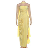 EVE Solid Color Ruched Split Tube Top Maxi Dress GYME-K6D05862A