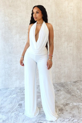 EVE Solid Color Halterneck Backless Mesh Pants Suit SHD-9541