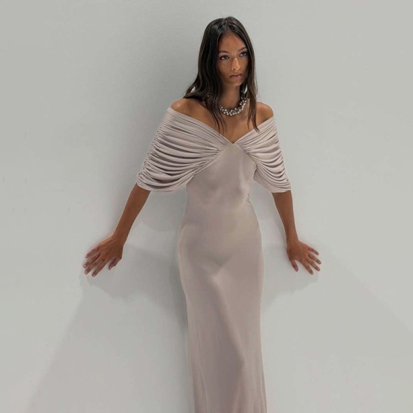 EVE Off Shoulder Ruched Solid Color Maxi Dress GYME-K6D06869A